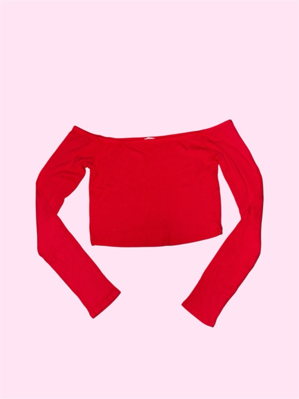 Garage Red Off-the-Shoulder Ribbed Long Sleeve Crop Top